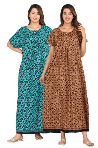 Image of Kuruti B Sheets Nighty for Women Cotton Combo (Pack of 2 Pcs) Nighty Gown Round Neck Short Sleeves Free Size