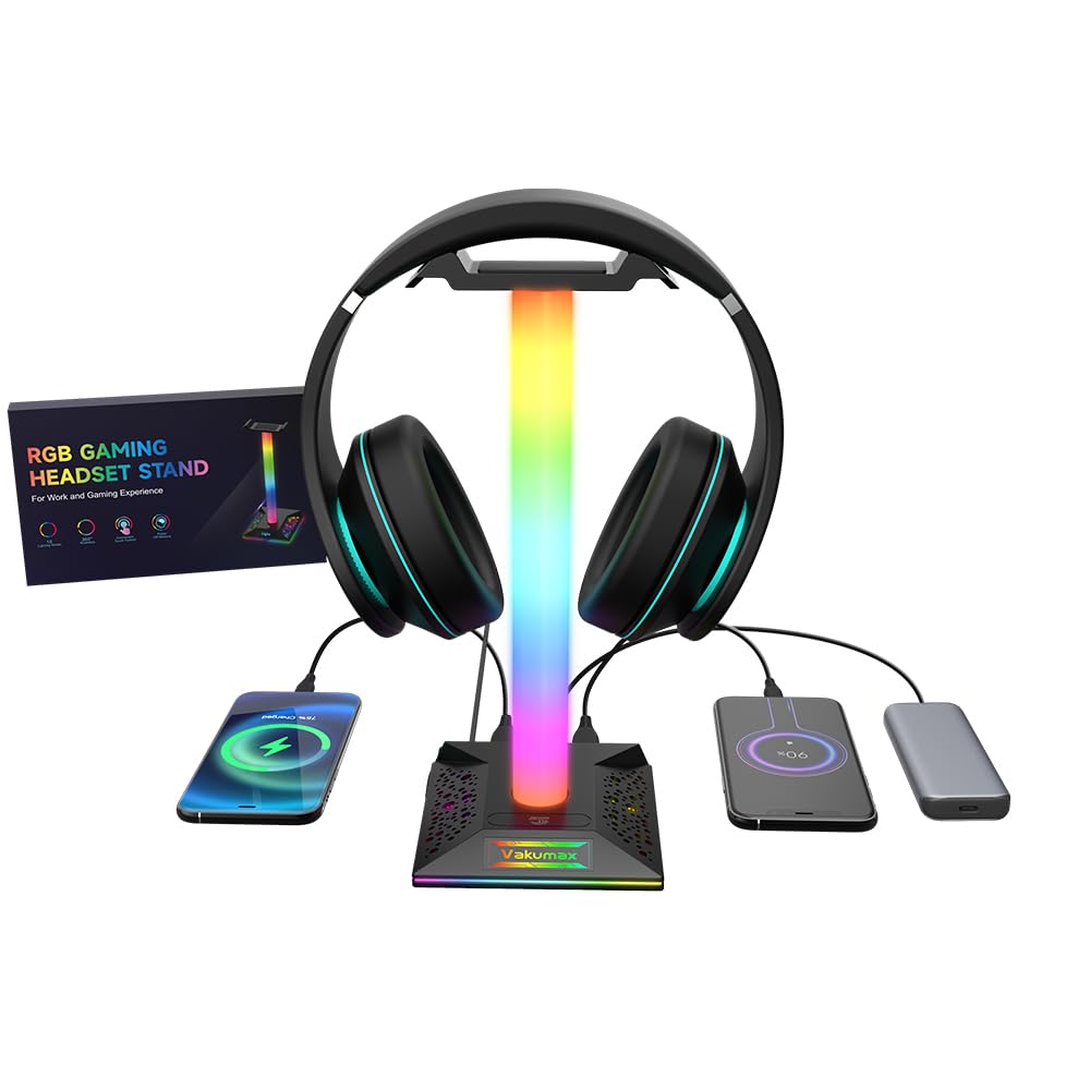 RGB PC Gaming Headset Stand with Charging Hub - 3 Ports (USB/Tpye-C Charging Port), Headphone Holder with 10 Color Modes, Touch Control, Desk Organizer & Cable Management-image-15