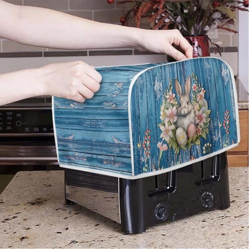 Image of Easter Day Rabbit Floral Kitchen Toaster Dust Cover Bakeware Protector Compatible with 4 Slice Toaster Top Handle Heat-Resistant Dust Protection(Wood Grain Blue,12.4 x 10.6 x 8.2)