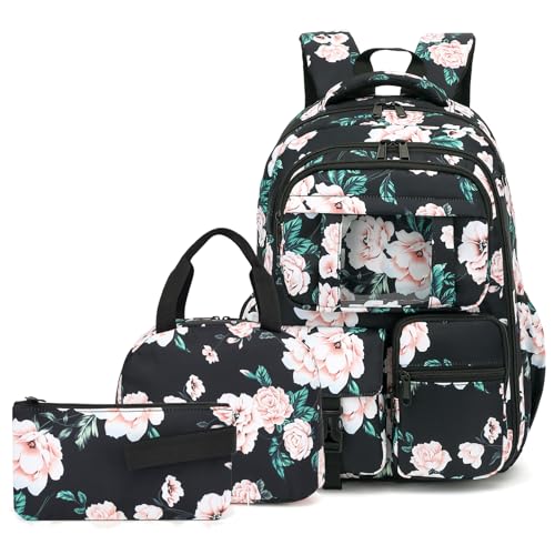 Floral School Backpack for Teens Girls, 3PCS Refrigerator Door Backpacks with Insulated Lunch Box Pencil Bag for Kids Women Students