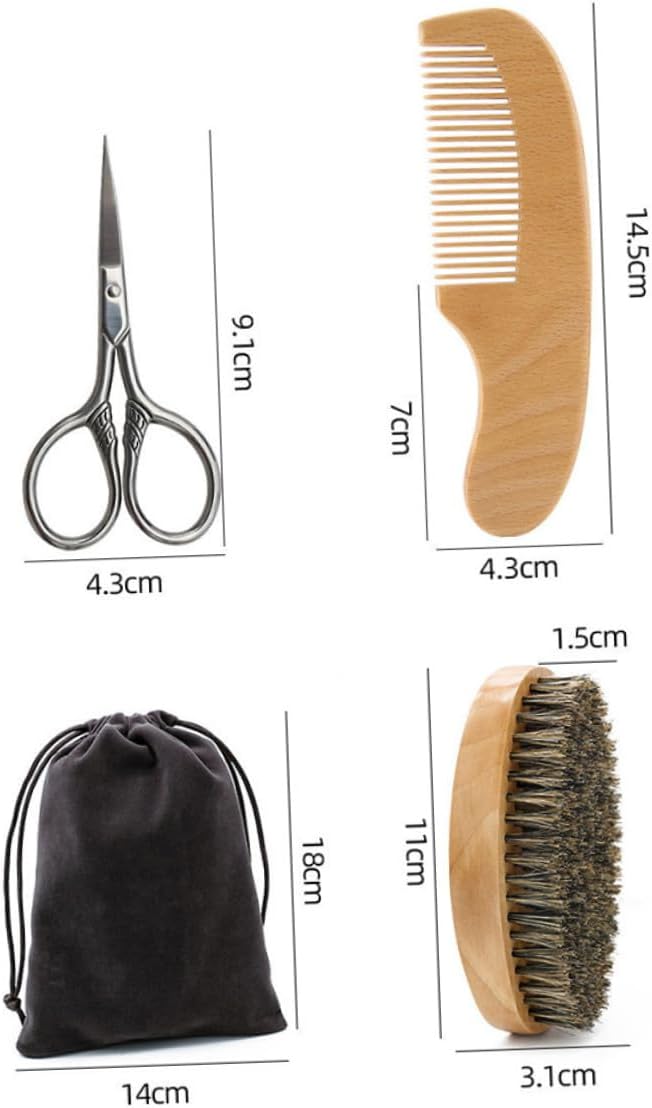 Beard Shaving Beard Grooming Kit for Men with Beech Wood Comb Precision Scissors Soft Brush and Carrying Pouch for Daily Styling and Care