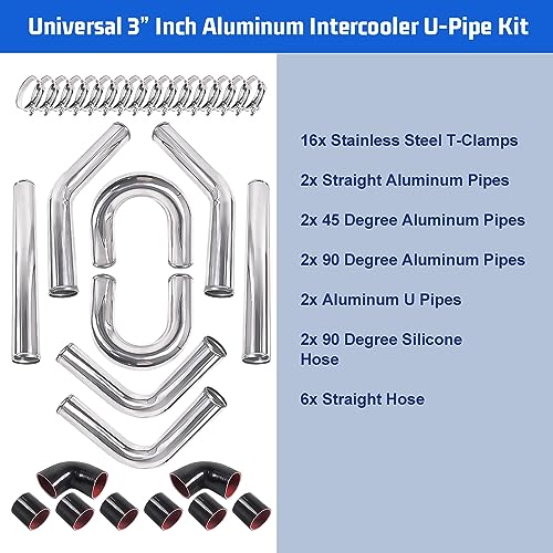 Universal 3" Inch Aluminum Intercooler U-Pipe Kit W/Silicone Hose and Stainless Steel T-Clamps - Image 3
