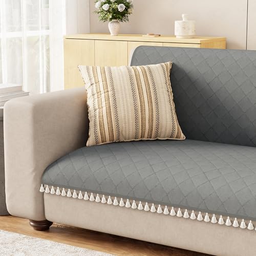 Image of Lukzer Quilted Sofa Cover Mat with Tassels for 2 Seater Sofa - Stone Grey | Soft Washable Anti-Slip Protector for Living Room | Furniture Cover for Back-Seat Slipcover 120X150CM / SC-193-2T