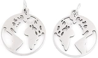 5 pcs Stainless Steel Round World Map Charm Pendant Connectors Circle Disc Coin Necklace Pendants for DIY Dangle Earring Jewelry Making Keychain Ornament