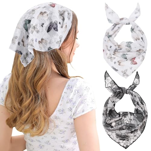 AWAYTR 2Pcs Floral Hair Bandanas Tie-back Head Kerchief for Women Flower Mesh Hair Scarves Lightweight Triangular Head Scarf