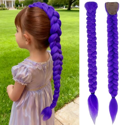24 Inch Long Purple Braid Ponytail Extensions Pre Stretched Purple Hair Extensions for Braids Easy Clip in Ponytail for Teen Cosplay Halloween Costume(24 Inch)
