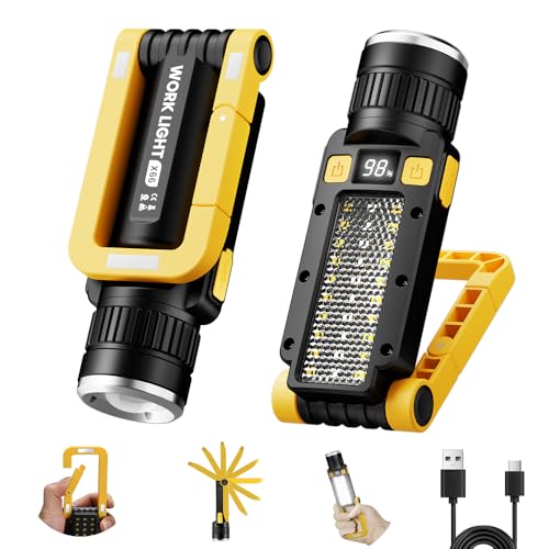 Rechargeable LED Work Light, Magnetic COB Flashlight with Hook & Clamp, 7 Modes Portable Work Lamp with Battery Display for Car Repair, Camping, Emergency