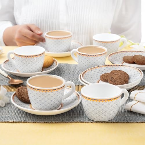 Image of Larah by BOROSIL Premia Series Kosmia 12pc Opalware Tea /Coffee Cup & Saucer Set (140ml Each) | Embossed Design, Microwave & Dishwasher Safe | Crockery Set Ideal for Daily Use & Gifting, White