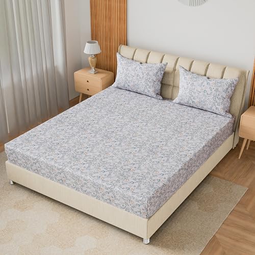 Image of LINENWALAS 100% Cotton 200 TC Queen Fitted Sheet with 2 Pillow Covers | 360 Elastic Bedsheet with 4-8 inch Deep Pocket - Soft Breathable Bedding (60x78 inch, Skylet Breeze)