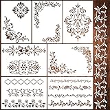 SUNVERSE Stencils for Crafts Reusable 11.7x8.26' Damask Corner Border Texture Stencils Drawing Template for Wood Wall Canvas Fabric (A4/7p)