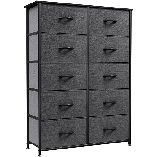 YITAHOME Commode 10 Tiroirs- Meuble de Rangement en Tissu pour Chambre, Salon, Armoire, Couloir- Cadre Robuste en Acier, Dessus en Bois & Bacs à Tissus Faciles à Tirer (Gris Noir)