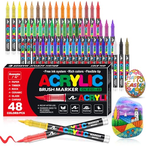 VAKKI Lot de 48 marqueurs acryliques imperméables pour pierres - Pointe pinceau - Marqueur acrylique - Stylo Acrylique - Parfaits pour peindre des pierres, du verre, du bois, de la plastique