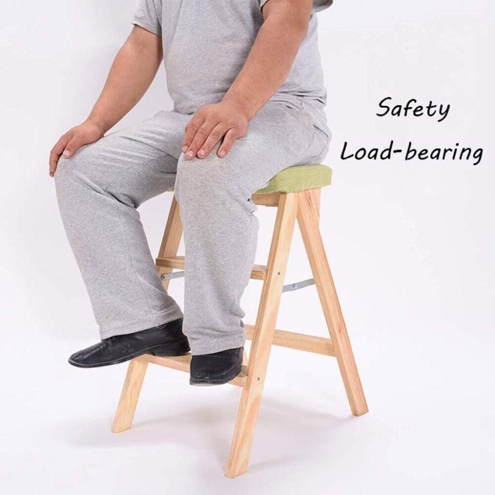 Step Ladder Solid Wood Staircase Stool Folding Ladder Chair Portable High Bench Suitable for Kitchen Bathroom and Office Use stepstool(Matcha Green)