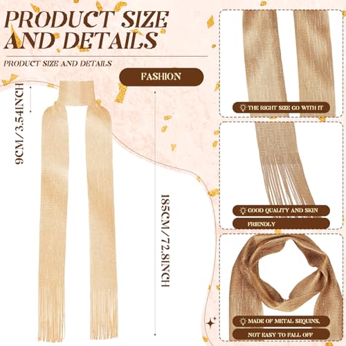 4 Pcs Glitter Sequin Tie Scarf Long Thin Skinny Scarf Women Lightweight Sparkling Metallic Shawls Necker for Evening Party Wedding Daily Wear, Sliver, Gold, Black and Beige2