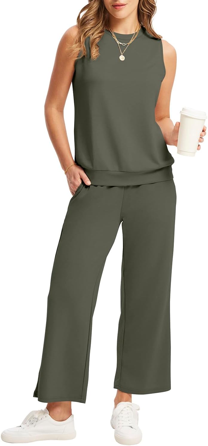 WIHOLL Two Piece Set for Women Summer Outfits Vacation Lounge Sets Round Neck Matching Sets Wide Leg Crop Pants