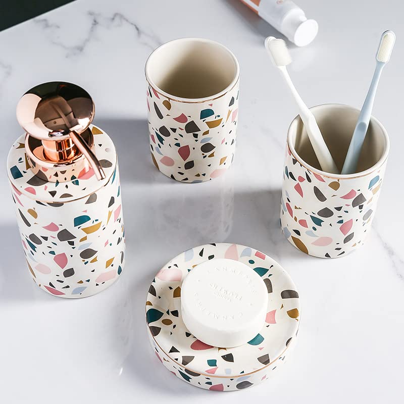 Juego De Dispensador De Jabón De Baño Y Portacepillos De Dientes, con Patrón Decorativo, Incluye Dispensador De Jabón De Manos., Vaso, Jabonera, Porta Cepillo De Dientes -Beige