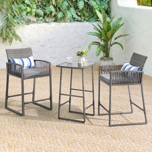 SUNSITT 3-Piece Outdoor Wicker Bar Height Table Set, 2 Bar Stools and 1 Pub Table with 2 Striped Pillows, Grey Rattan, Grey Seat Cushions, Steel Frame