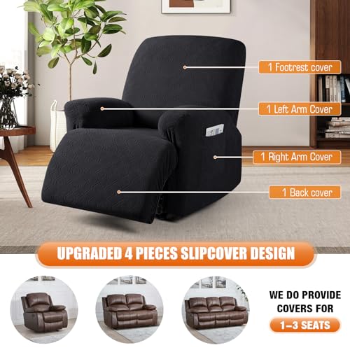 Image of VANSOFY Oversized Recliner Chair Cover, 4-Pieces Stretch Recliner Covers for Recliner Chair Soft Reclining Chair Slipcover Jacquard Pattern Furniture Protector for Dogs Cats(Black)