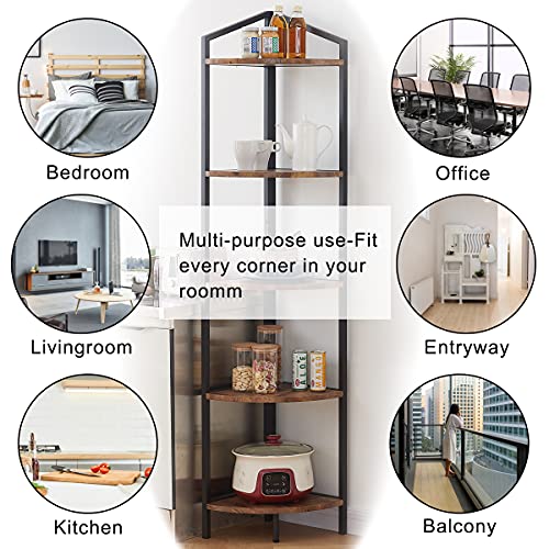 Oiahomy Corner Shelf 70 Inch Tall Bookcase 5- Tier Industrial Corner Bookshelf Corner Ladder Shelf Small Bookshelf Rustic Plant Stand Rack Freestanding -Rustic Brown #TOP6