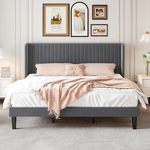 Image of SHA CERLIN King Size Velvet Bed Frame, Tufted Wingback Headboard, Grey | 47'' Modern Vertical Channel Headboard, Upholstered Platform Bed, Wood Slats, No Box Spring Needed, Easy Assembly, Noise Free
