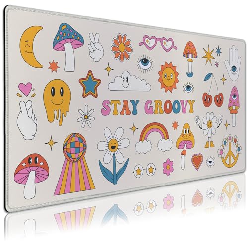 Gaming-Schreibtischunterlage, große Sammlung von Retro-70er-Jahre-Mauspads mit groovigen Elementen, Mauspads für Schreibtisch, Mauspads, rutschfeste Gummiunterseite, genähter Rand für Arbeit, Spiel,