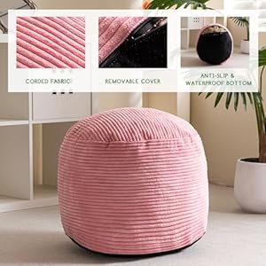 Higogogo round stuffed pouf ottoman corduroy poufs with foam chunk filling furry and fluffy pouf foot stool storage ottoman 20 x 15 floor poufs foot rest for living room pink  urban country home decor