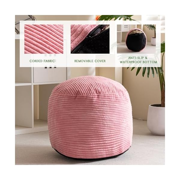 Higogogo round stuffed pouf ottoman corduroy poufs with foam chunk filling furry and fluffy pouf foot stool storage ottoman 20 x 15 floor poufs foot rest for living room pink  urban country home decor