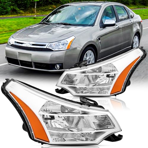 Headlights Assembly Pair for 2008 2009 2010 2011 Ford Focus S/SE/SES/SEL Head Lamps Replacement Driver and Passenger Side Chrome Housing Amber Reflector