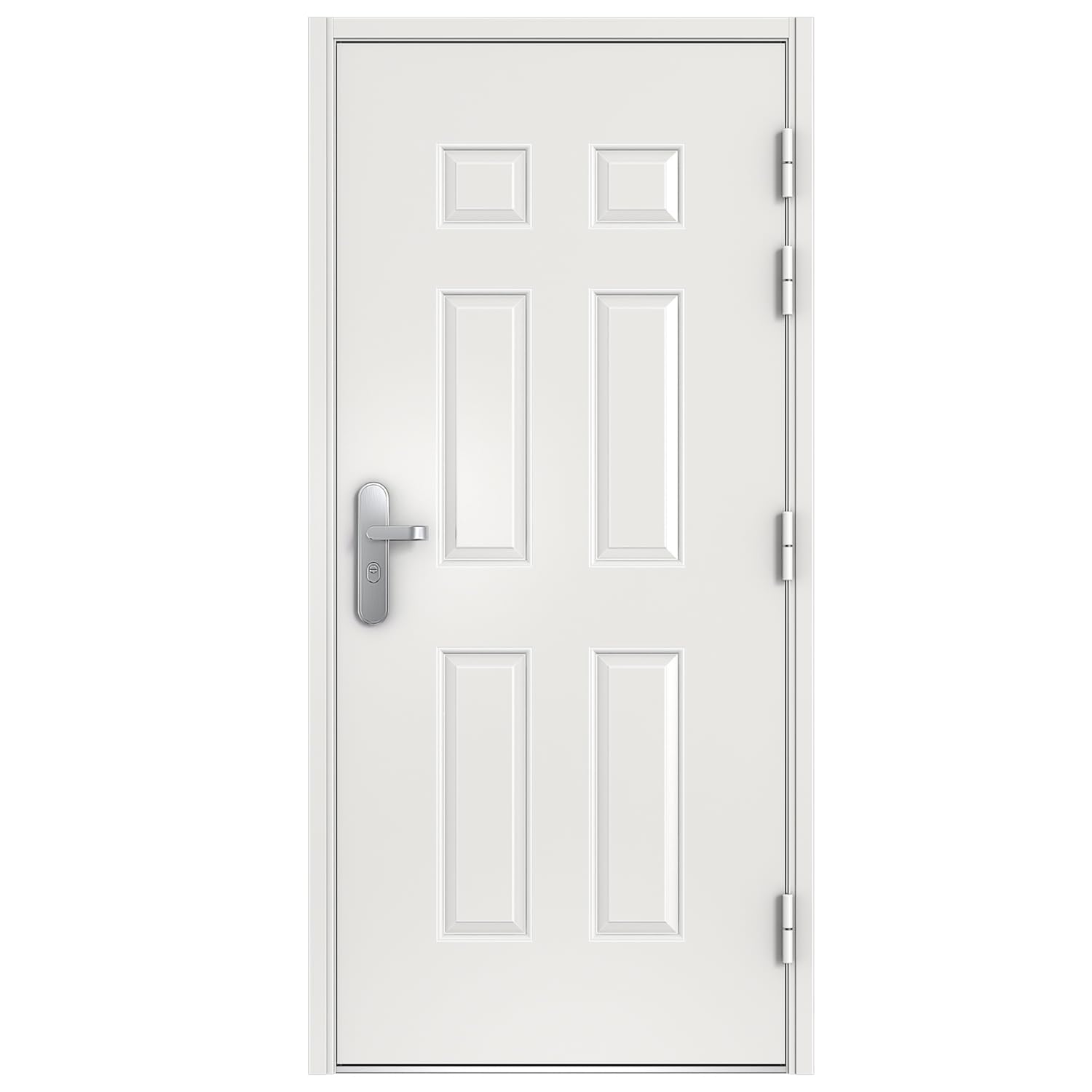 VIZ-PRO Quick Mount Steel Security Door with Frame and Hardware, 6 Panel White Right Side-Hinged Outward, 34 5/8" - 37" Width Adjustable, 81 11/16" Height