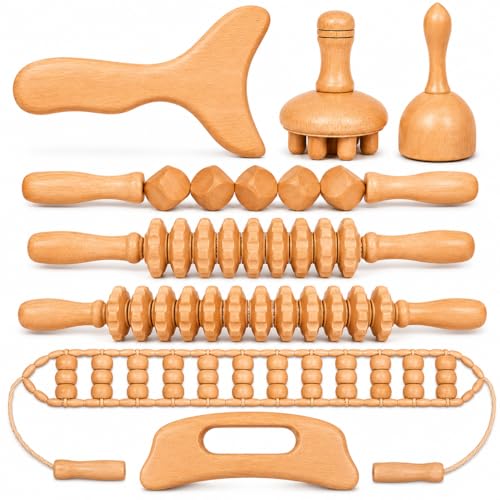 Wood Therapy Massage Tools Set 8 Pcs Wooden Massage Roller and Cellulite Roller Kit Lymphatic Drainage Tool Collection for At Home Body Sculpting and Recovery