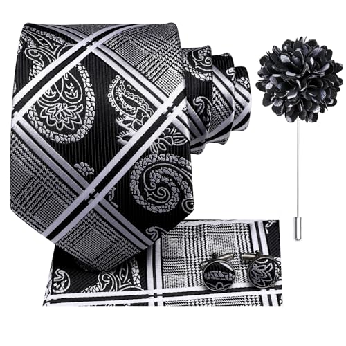 Image of Dubulle Mens Tie and Lapel Pin Paisley Striped Floral Necktie for Men Pocket Square Cufflinks 4PCS Set Wedding Party