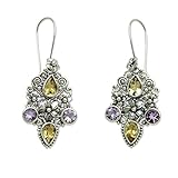 NOVICA Artisan Handmade Citrine Amethyst Dangle Earrings Balinese Silver Sterling Purple Yellow Indonesia Floral Birthstone Traditional [2.2 in L x 0.9 in W x 0.1 in D] ' Secret Garden'