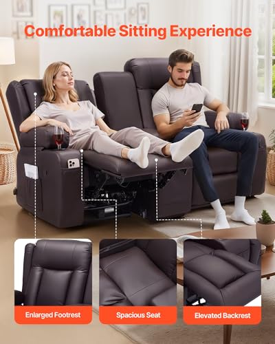 Image of VEVOR Loveseat Recliner Sofa, Home Theater Seating Reclining RV Couch with Console, Wall Hugger Recliner with USB Ports, Cup Holders, Storage Bags, Dual Loveseat Chair for RV /Movie Room, Faux Leather