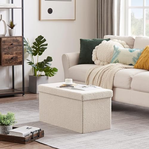 Zedelmaier Sitzbank Sitzwürfel mit Stauraum Plüschstoff Fußbank Truhen Aufbewahrungsbox faltbar belastbar bis 300 kg, Deckel abnehmbar, 76 x 38 x 38 cm (Beige-76)