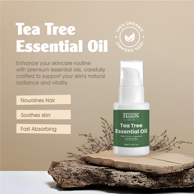 Image of Habibs Pure Tea Tree Essential Oil for Acne, Skin & Hair 100% Undiluted, Therapeutic Grade 30ML