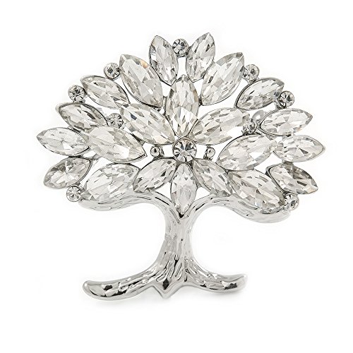 Broche arbre de vie en cristal transparent plaqué rhodium – 45 mm, taille unique, Pas de type de métal, diamante