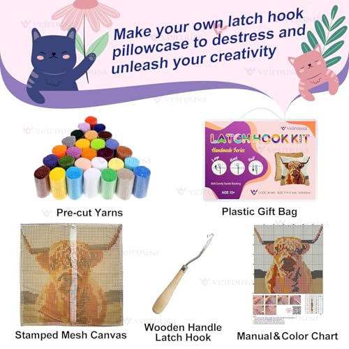 Image of veirousa Latch Hook Kits for Adults, DIY Highland Cow Pillow & Rug Craft Kit for Beginners, Animal Handmade Yarn Art, Relaxing Home Sofa Decor Gift 17x17 Inch