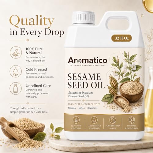 Image of AROMATICO Sesame Oil for Skin, Hair and Body Care, Multipurpose Carrier Oil for Massage, Scalp Care, Dry Skin Routine, DIY Beauty and Natural Glow - 946 ml