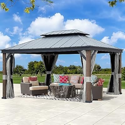 Gardenbee 12x16 ft Wood-Grain Hardtop Gazebo - Outdoor Large Gazebo with Double-Vented Top Rustproof Aluminum Frame, Curtains Included, Suitable for Patio Backyard(Dark Brown Wood Grain)