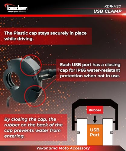 Image of KAEDEAR USB-A & USB-C Motorcycle Charger, PD 30W, Water Resistant, KDR-M3D | USB-A and USB-C ports, PD 30W, QC3.0 18W, water resistant, SAE DC 12V, clamp mounting, fast motorcycle charging