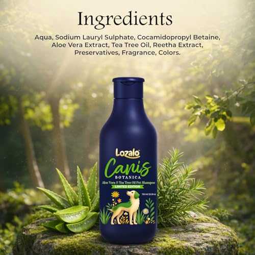 Image of Lozalo Canis Botanica Pet Shampoo 750ml | Goodness of Aloe Vera & Tea Tree Oil Dog & Cat Shampoo | Soothes & Moisturizes Coat, pH Balanced, Paraben & Silicone Free, Conditioning Shampoo for All Breeds