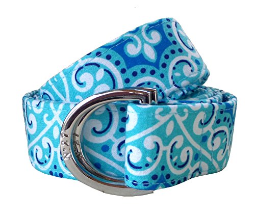 Womans Blue Lace Pattern Fabric Belt, D-Ring Belt, Womans and Girls Blue Belt