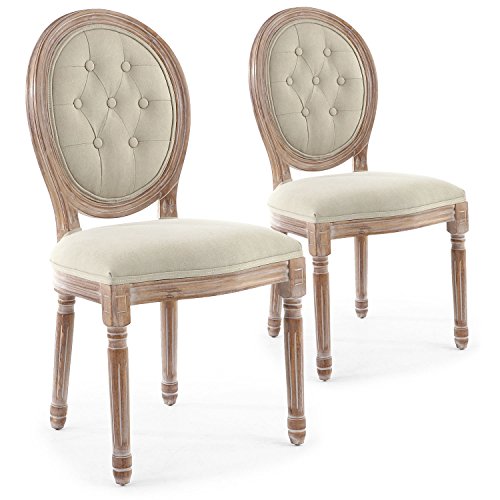 Menzzo Lot de 2 chaises Style médaillon Louis XVI – Tissu Beige capitonné & Bois patiné – Design Classique Chic – Chaises Salle à Manger élégantes...