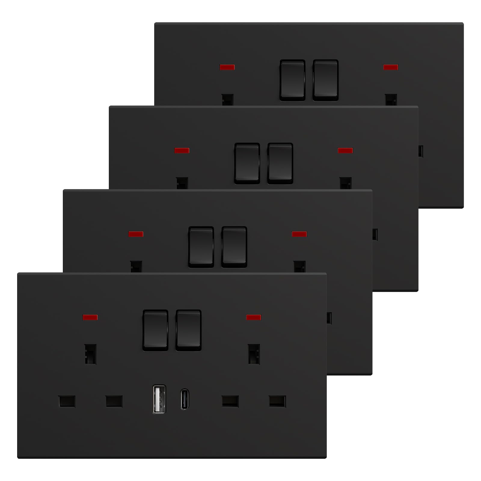 BSEED Double Socket with USB C 4 Pack, Electrical Double Switched Power Plug Wall Socket with LED Indicator, PC Wall Plate Outlet, Black, 13A