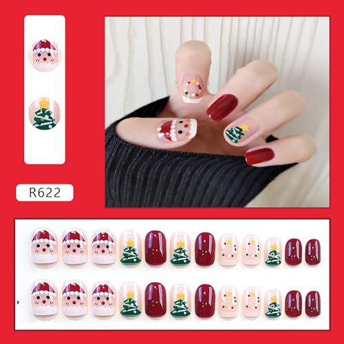 Uñas postizas cuadradas cortas con diseño navideño de Santa Claus y árbol de Navidad rojos y verdes, 24 piezas, brillo francés full cover miniatura 2