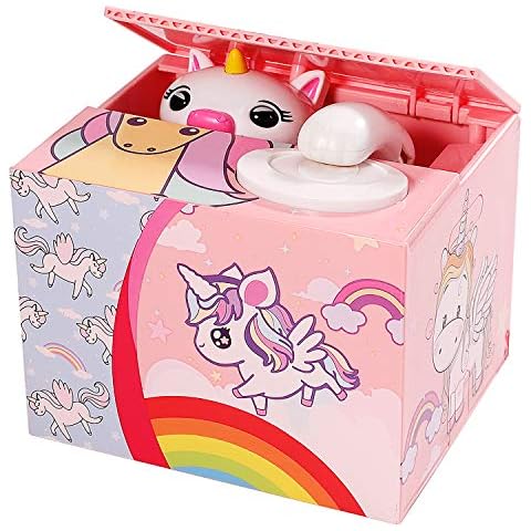Pinkgarden Unicorn Money Box for Kids, Cute Piggy Bank with Automatic Stealing Coin Money Bank and Clear English Voice Prompt for Girls Boys Cover
