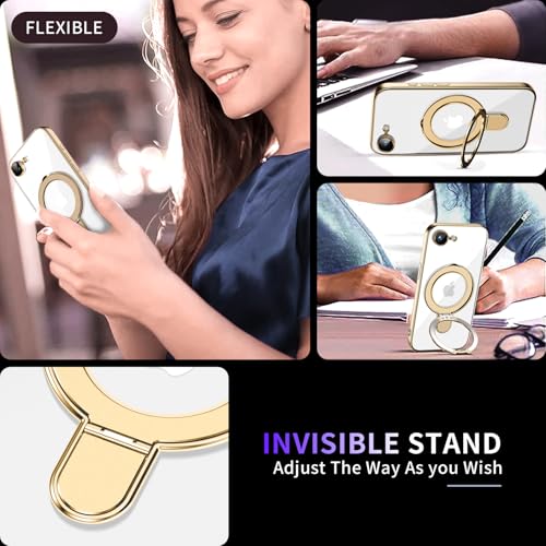 Image of Magnetic for iPhone 16E /17E Case with Invisible Stand[Compatible with MagSafe][Full Camera Lens Protector][Military Drop Protection] Shockproof Not Yellowing Clear Slim Soft for Women Men