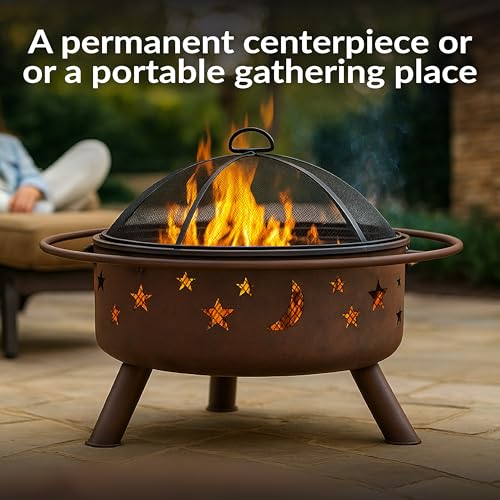 Sunnydaze Cosmic 30-Inch Patio Fire Pit for Outside - Outdoor Wood-Burning Fire Pit with Grill Grate, Spark Screen, and Fireplace Poker - Image 5