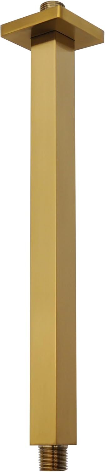 Aquaiaw Square Shower Arm and O-Ring Escutcheon, 12 inch, Solid Brass, Both Soldered 1/2 NPT Tapered Threads, Ceiling Shower Head Extension Arm and Flange, PVD Brushed Brass (Matte Brushed Gold)
