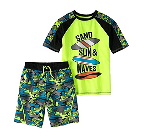 Wonder Nation Boy's 2 Piece Rashguard Swim Set (X-Small 4/5, Acid Yellow Surfboard)